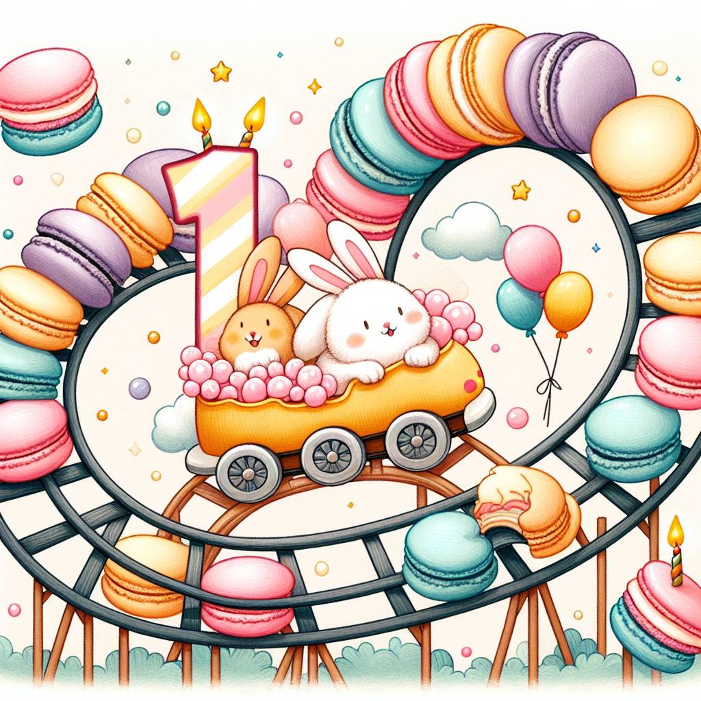 1) Birthday AI Generated Card - Rabbits, Roller coasters, Macarons, and 12 (4b8a8)