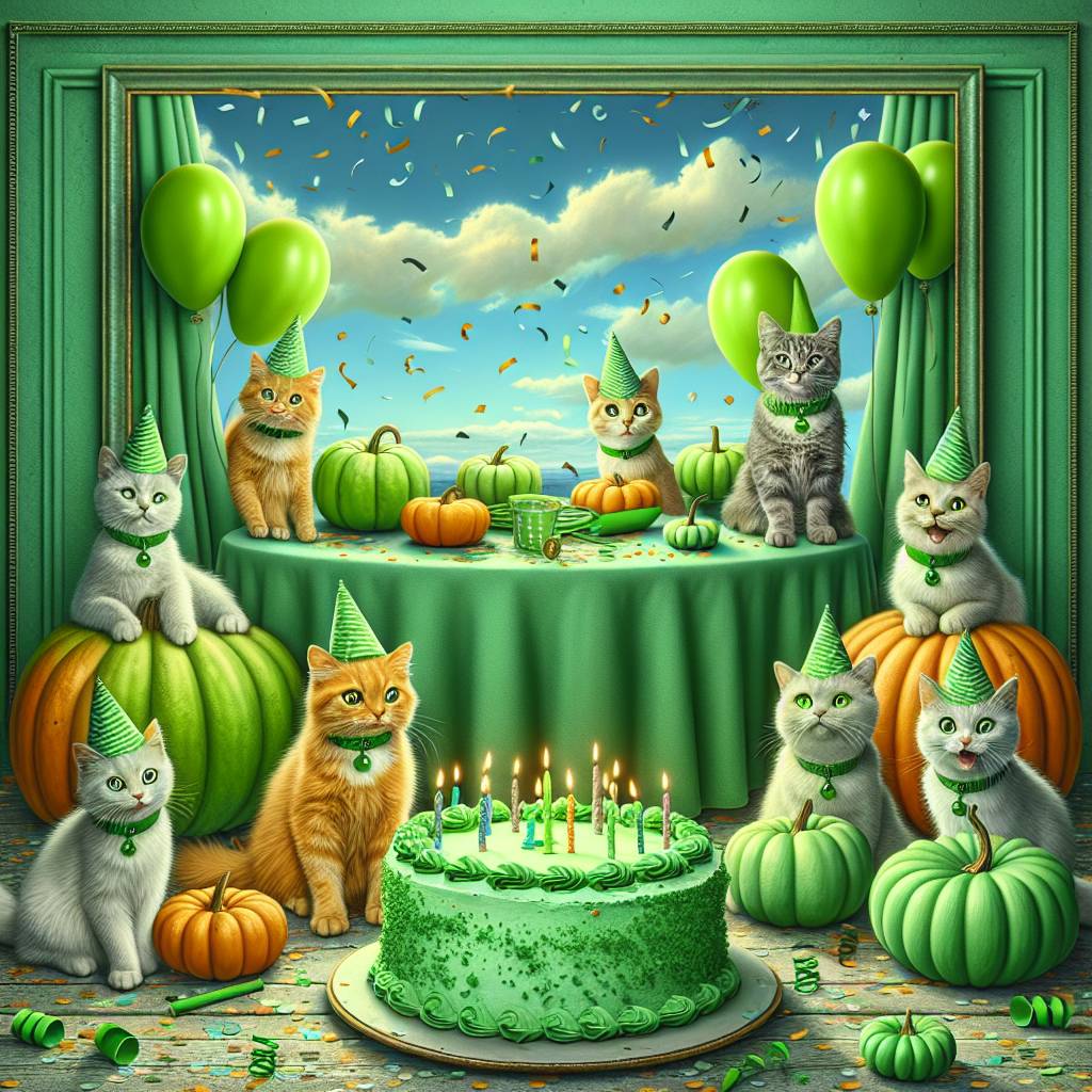 2) Birthday AI Generated Card - Cats, Pumpkins , and Green (bd0c3)