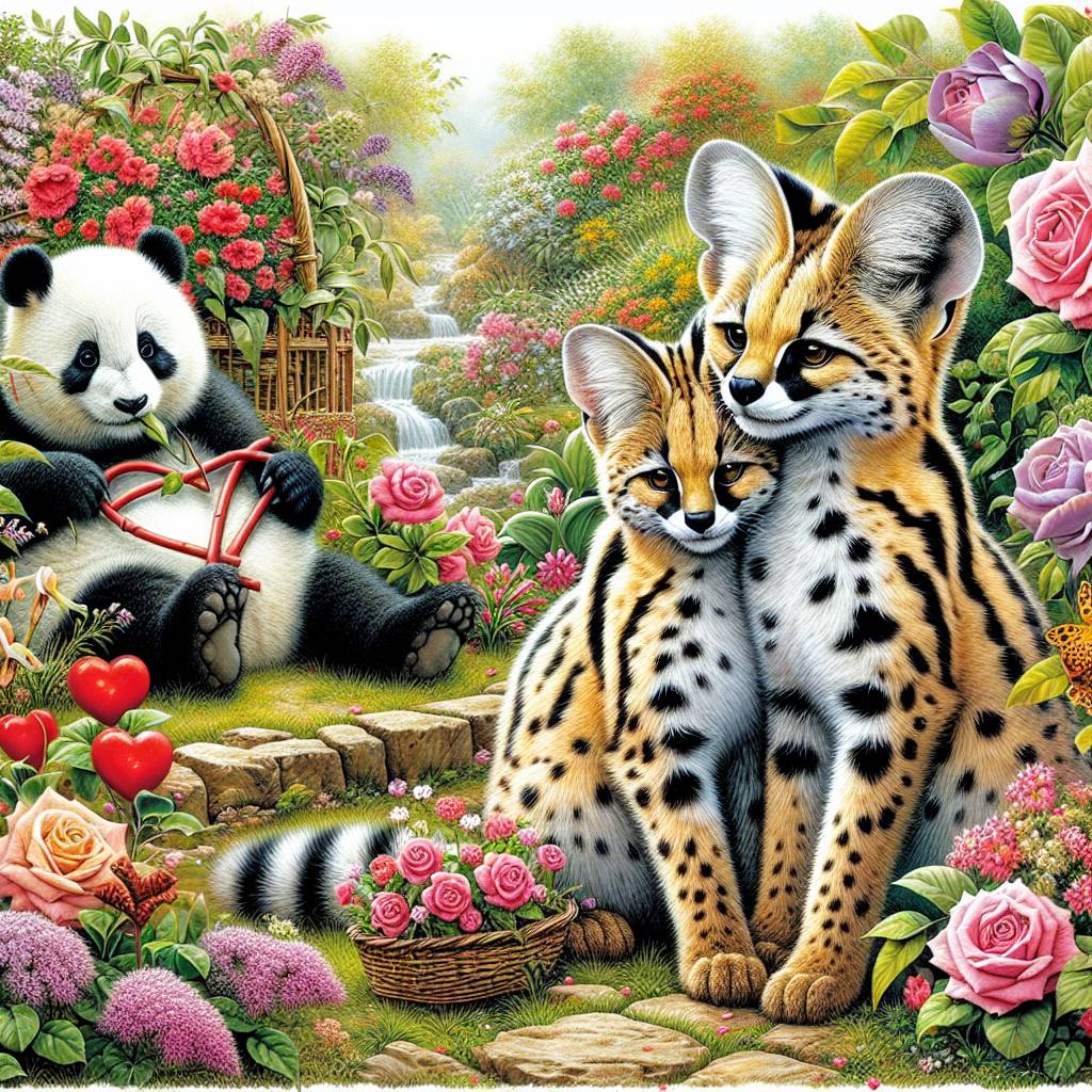 2) Valentines-day AI Generated Card - Serval, Panda , and Garden (df653)