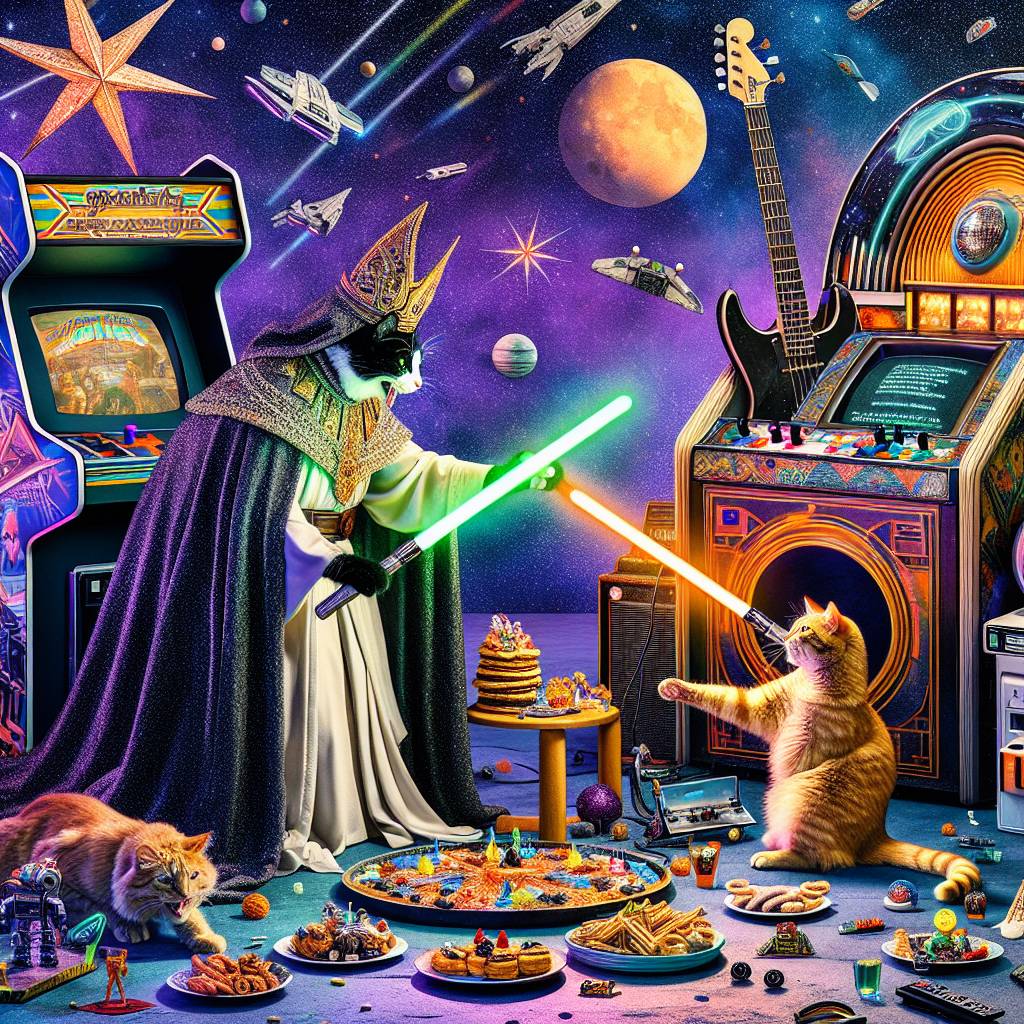 1) Birthday AI Generated Card - Black and white cat, Ginger cat, Star wars, Video games, Rock Music, and Guitar (19ad6)