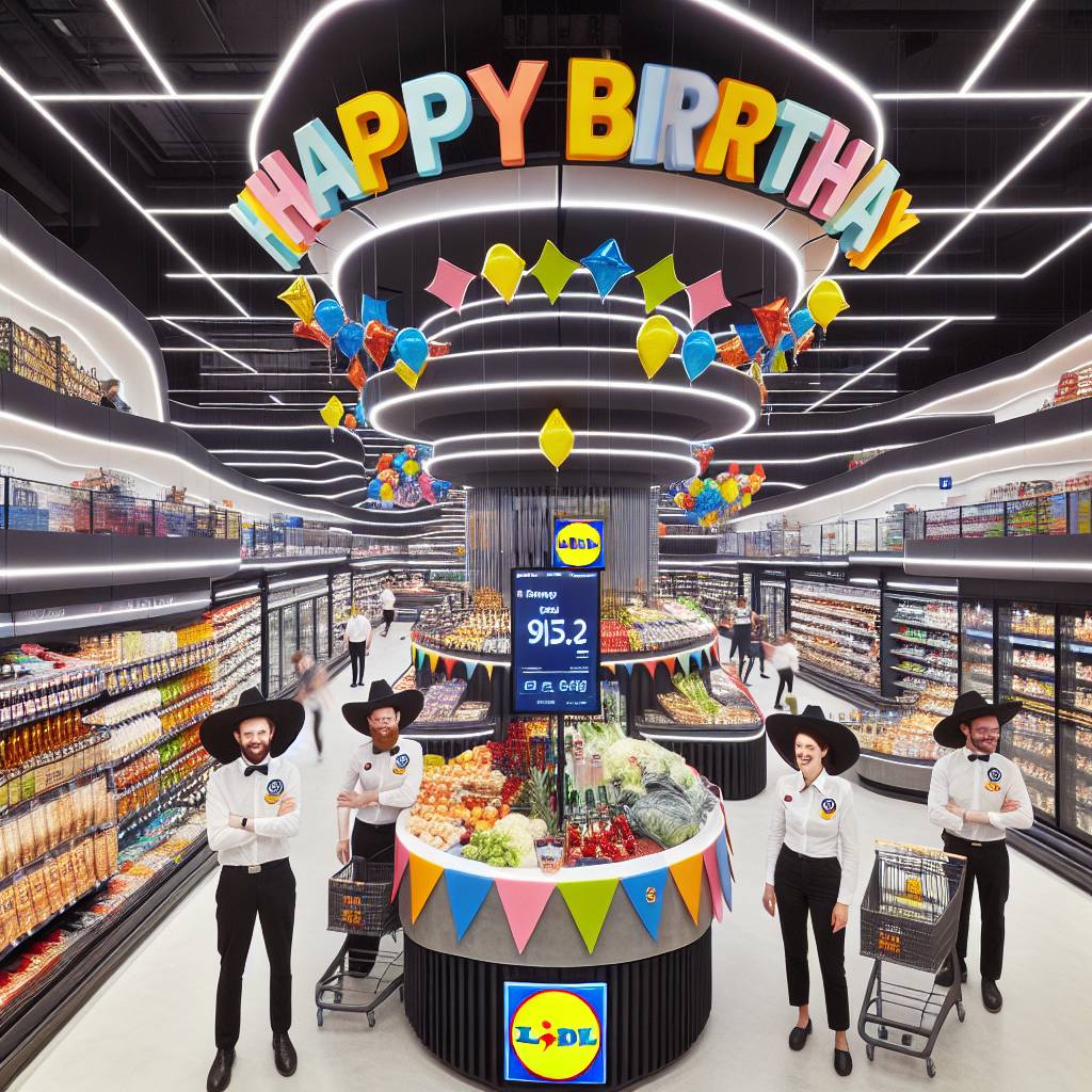 2) Birthday AI Generated Card - Futuristic lidl store with great discounts on products, Happy birthday signs with bunting are on the aisles, and All the staff are wearing cowboy hats (057d2)