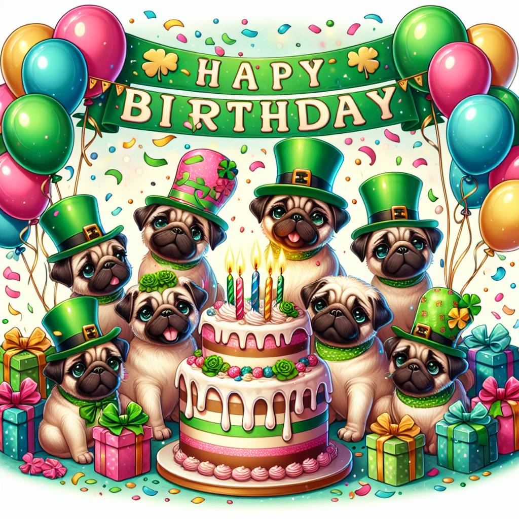 1) Birthday AI Generated Card - Pugs, Paddy’s day , and Happy birthday  (13677)