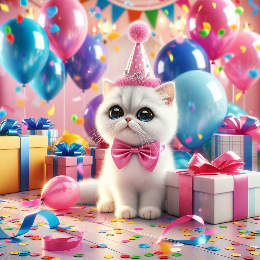 1) Birthday AI Generated Card - White short hair cat (e84e5)