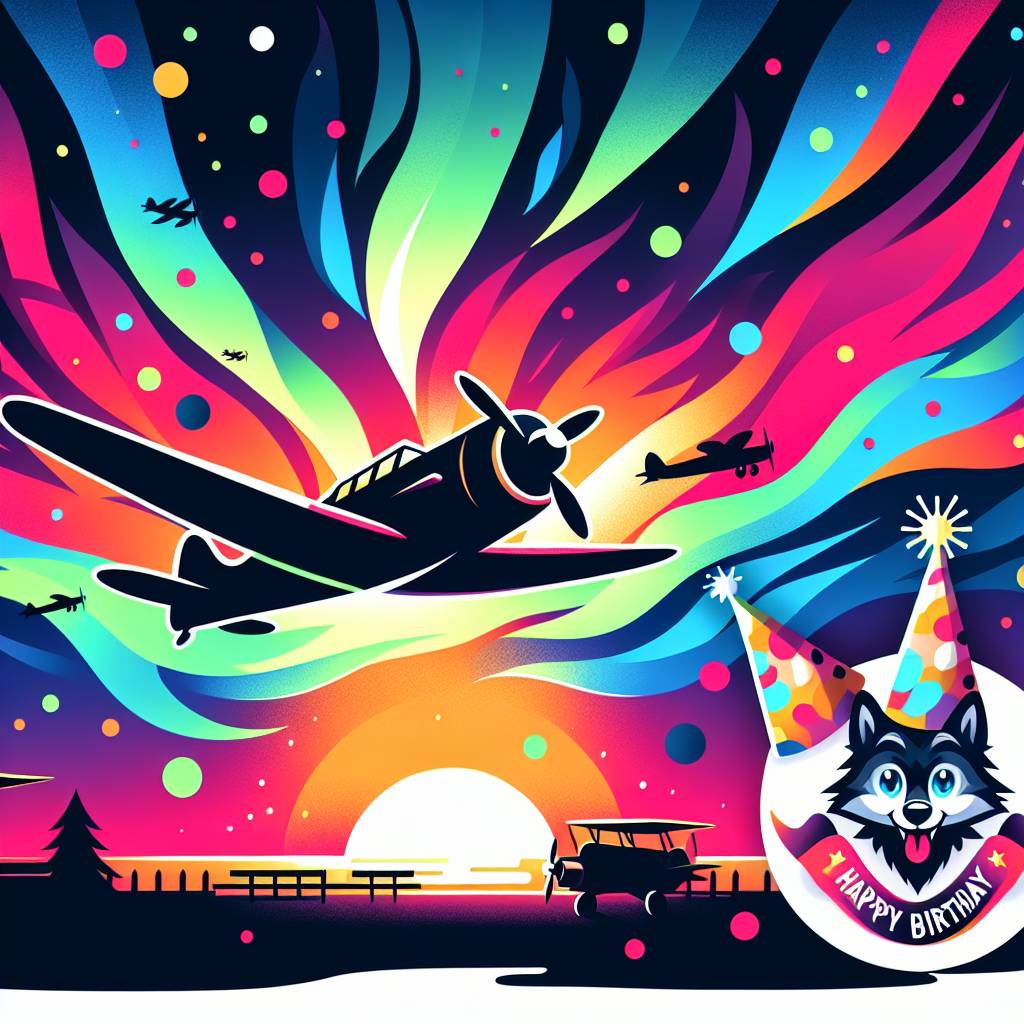 2) Birthday AI Generated Card - Wolf, Planes, and Aurora (78bd7)
