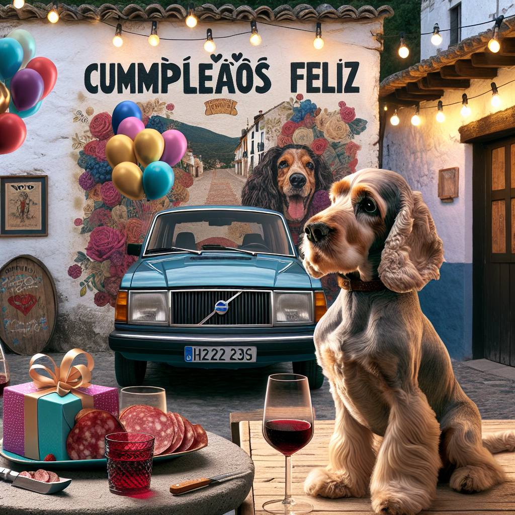 2) Birthday AI Generated Card - Spain, Wine, Cumpleanos feliz, Cocker spaniel, Sunglasses, Volvo car, and Chorizo (6386b)