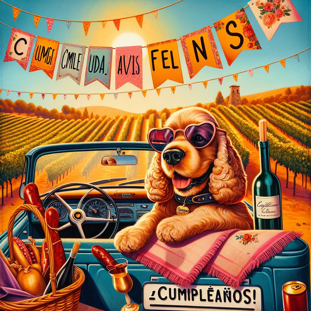 1) Birthday AI Generated Card - Spain, Wine, Cumpleanos feliz, Cocker spaniel, Sunglasses, Volvo car, and Chorizo (ce176)