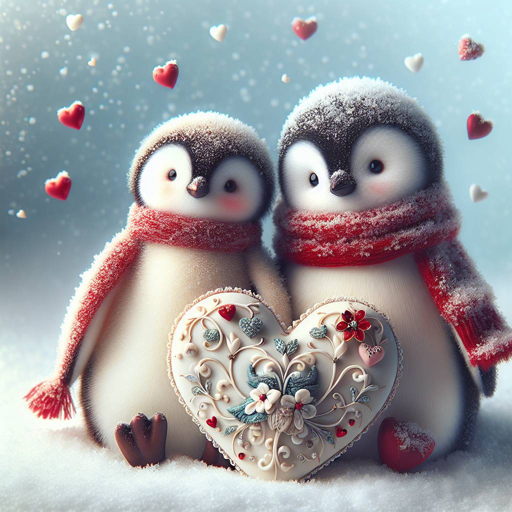 2) Valentines-day AI Generated Card - Penguins, Cute, and Hearts (65ba2)