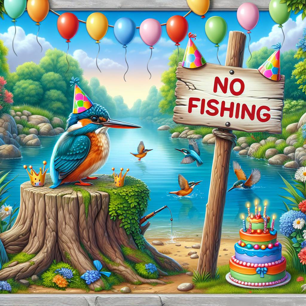 2) Birthday AI Generated Card - Kingfisher in a no fishing sign next to a river (728b9)