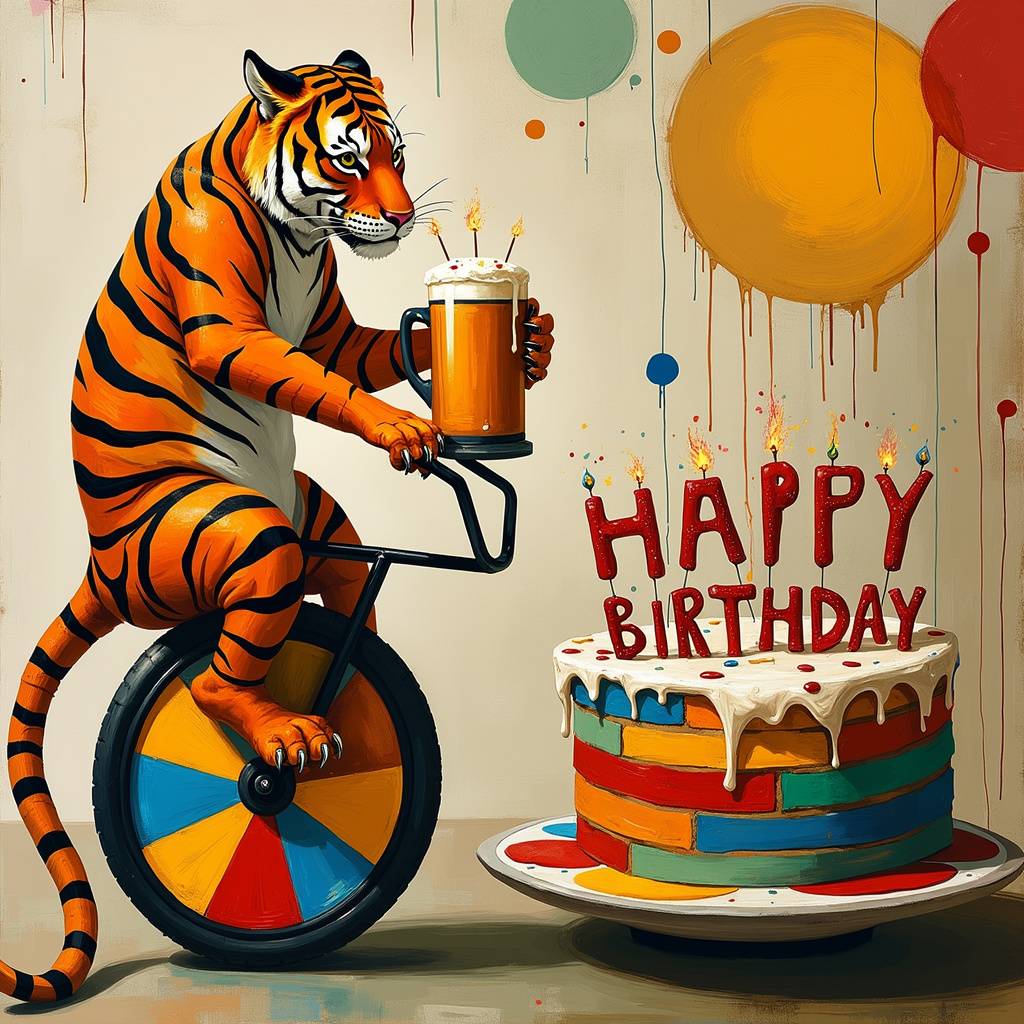 2) Birthday AI Generated Card - Tiger drinking a beer on a unicycle next to a birthday cake and it says 'happy birthday' in the background in red (3caab)