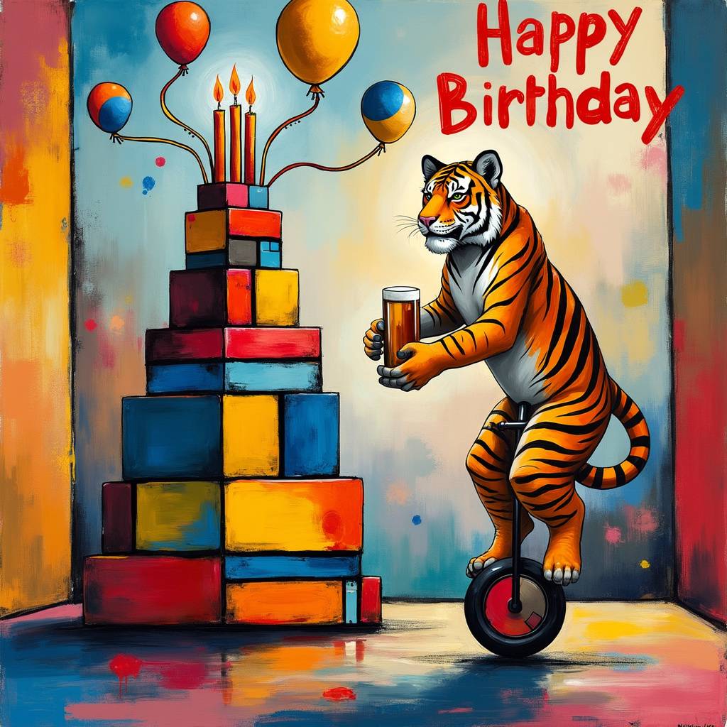 1) Birthday AI Generated Card - Tiger drinking a beer on a unicycle next to a birthday cake and it says 'happy birthday' in the background in red (82dde)