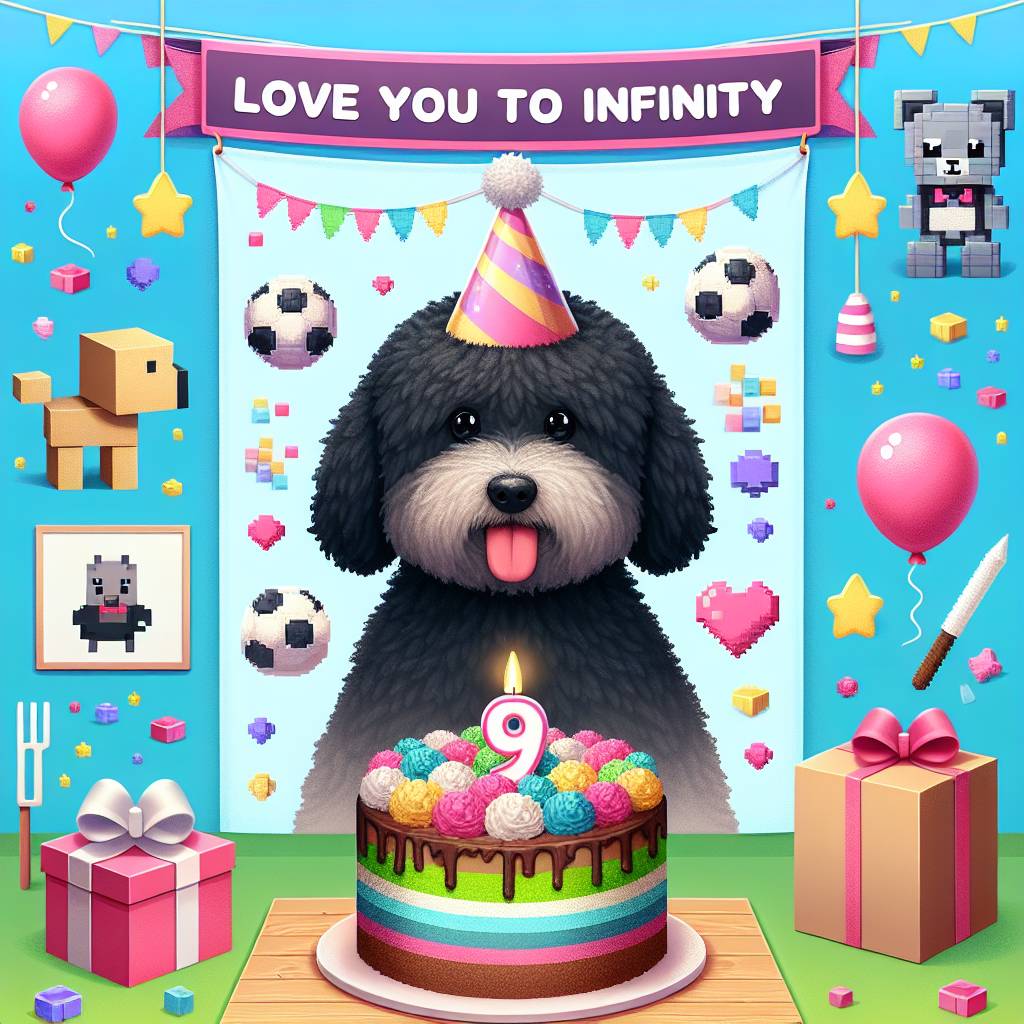 1) Birthday AI Generated Card - Black sproodle, Love you to infinity, Minecraft, Soccer, Pink, 9 years old, and Chocolate (9baad)