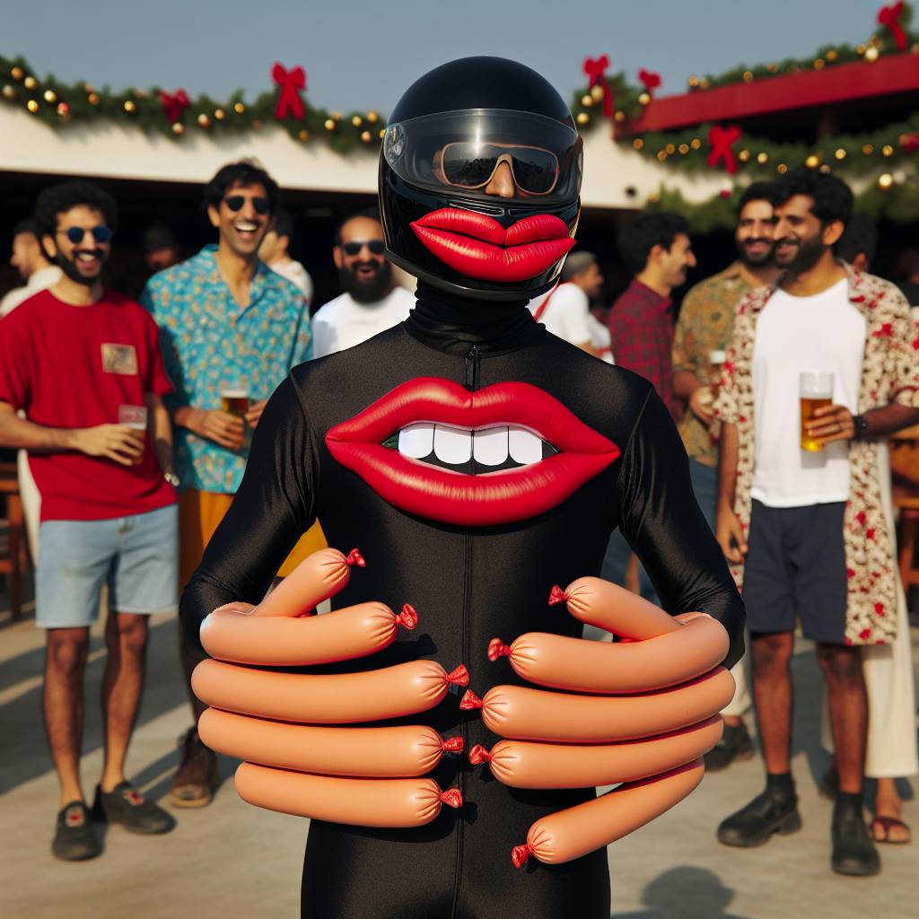 1) Christmas AI Generated Card - Man dressed in a full black morph suit with large red lips and large sausages taped to his hands, At an open air go karting track in a sunny country, Wearing a racing helmet, At a party, and Party guests dressed in shorts and tshirt drinking pints of beer and laughing and having fun (dd19a)