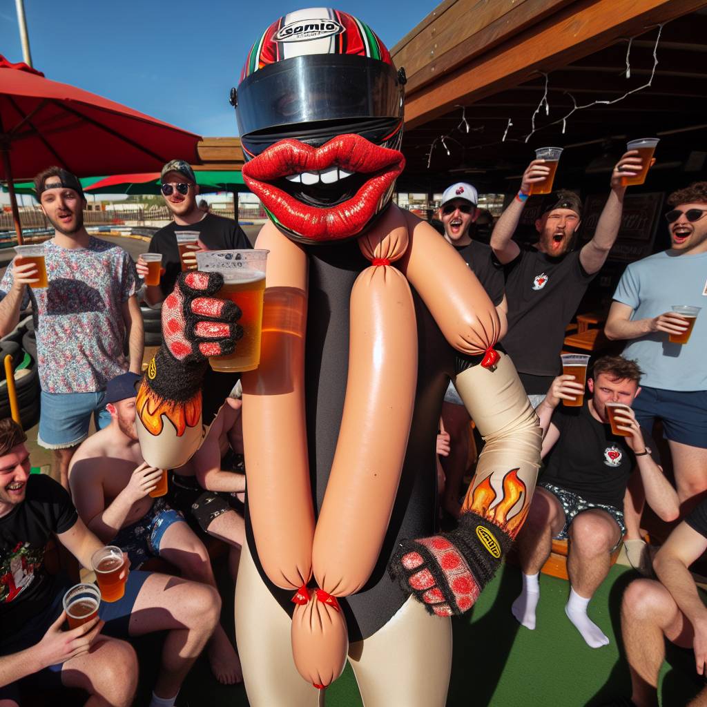 2) Christmas AI Generated Card - Man dressed in a full black morph suit with large red lips and large sausages taped to his hands, At an open air go karting track in a sunny country, Wearing a racing helmet, At a party, and Party guests dressed in shorts and tshirt drinking pints of beer and laughing and having fun (fd525)