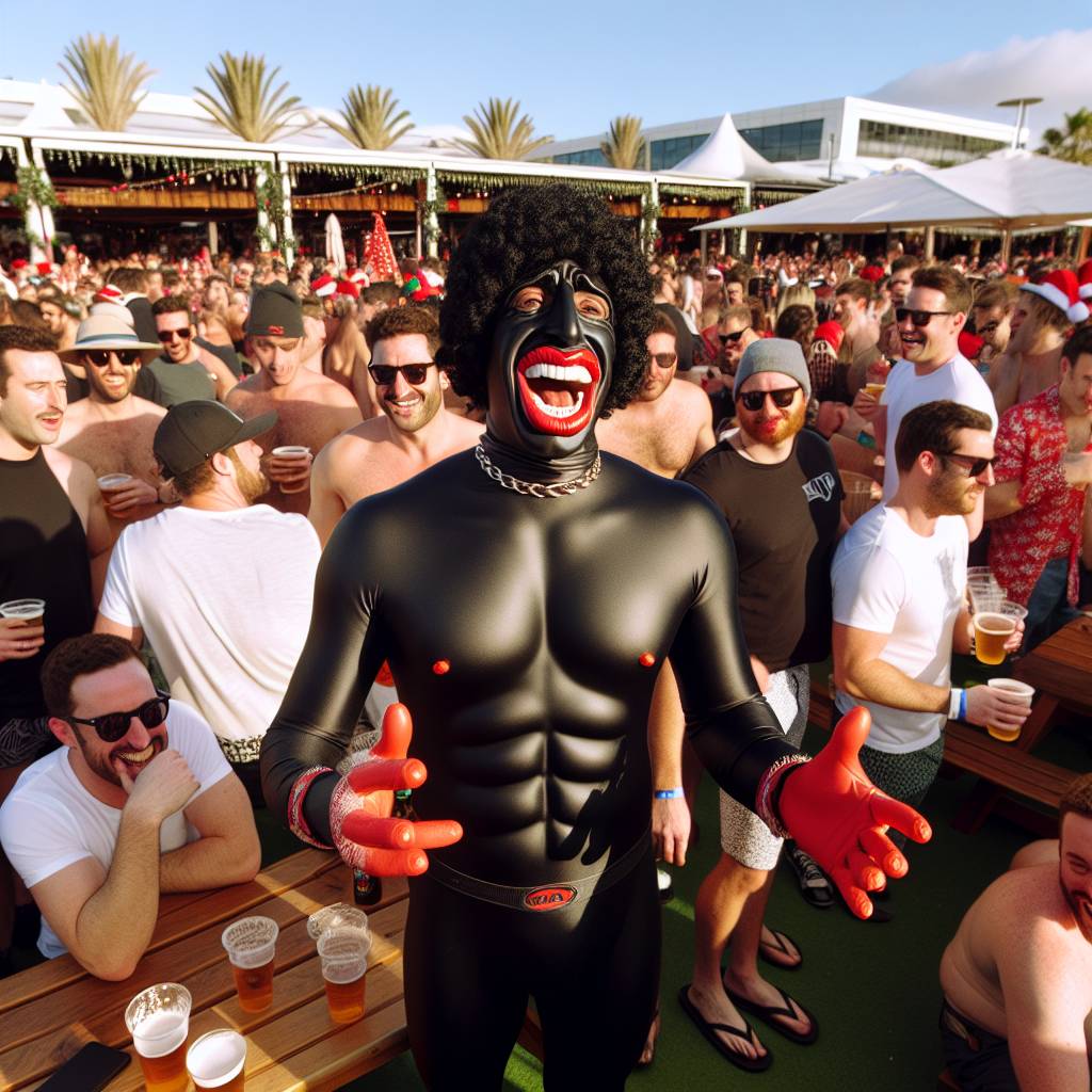 4) Christmas AI Generated Card - Man dressed in a full black morph suit with large red lips and large sausages taped to his hands, At an open air go karting track in a sunny country, Wearing a racing helmet, At a party, and Party guests dressed in shorts and tshirt drinking pints of beer and laughing and having fun (c95a6)