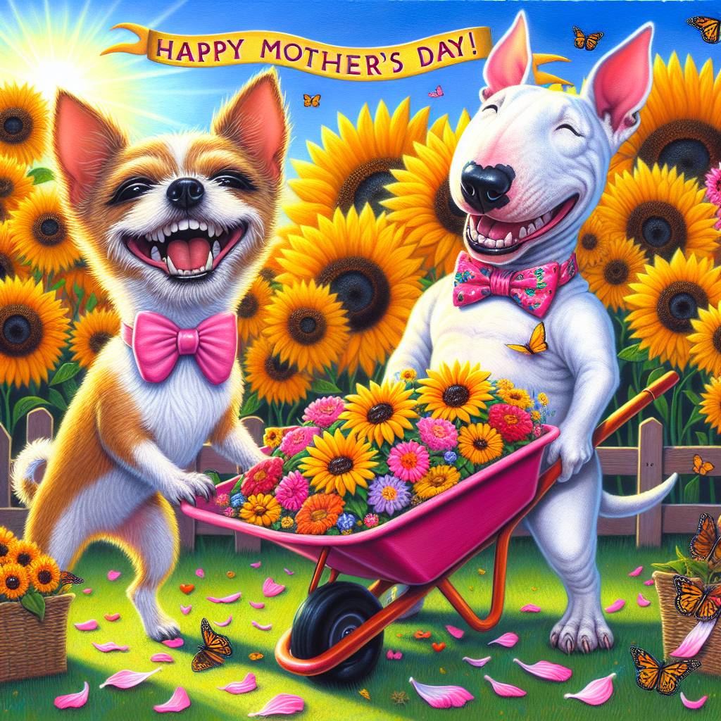 1) Mothers-day AI Generated Card - Chihuahua , White bull terrier , and Sunflowers (e8dc7)