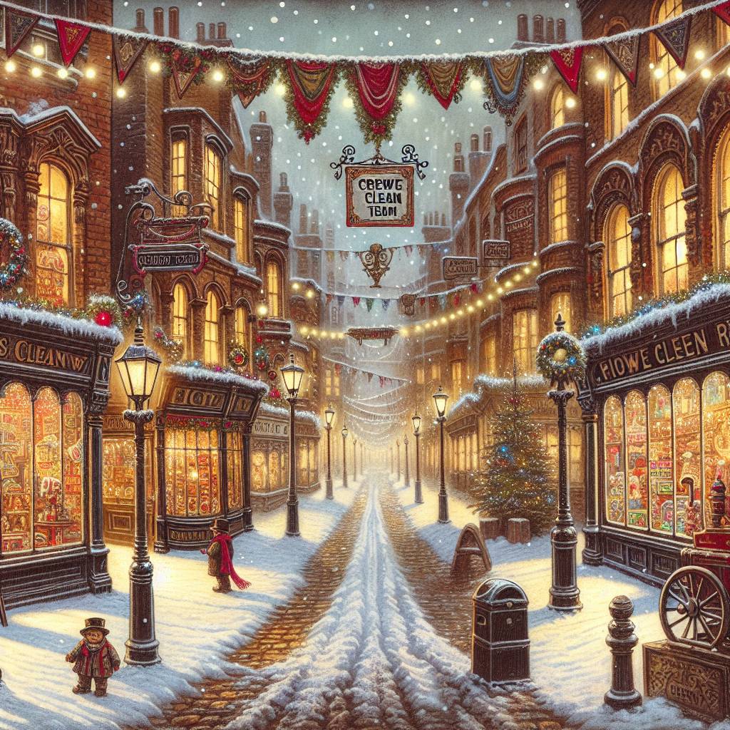 1) Christmas AI Generated Card - Victorian Snow Street Scene, Toyshop, and "Merry Christmas from Crewe Clean Team" banner (df51e)