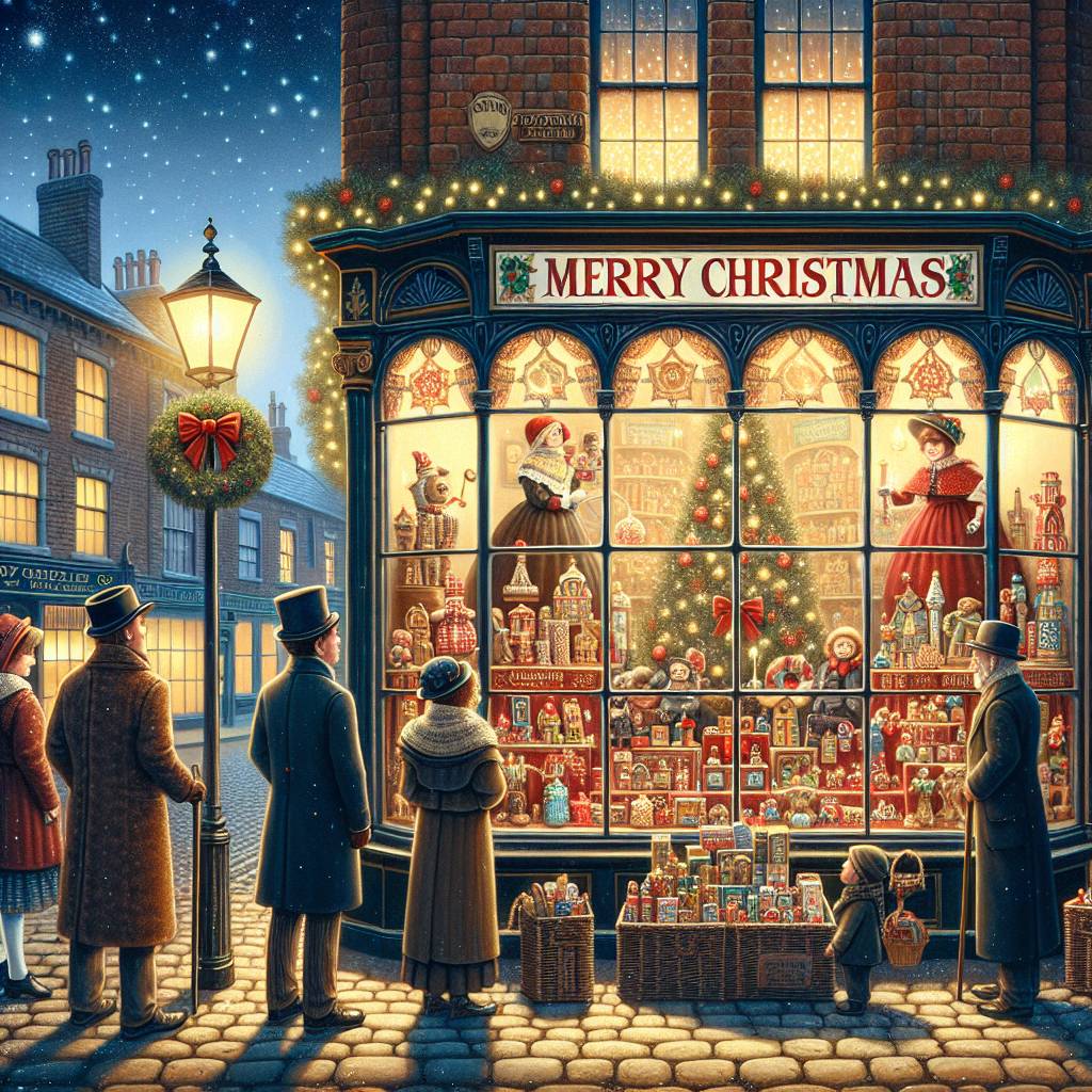 2) Christmas AI Generated Card - Victorian Snow Street Scene, Toyshop, and "Merry Christmas from Crewe Clean Team" banner (e5635)