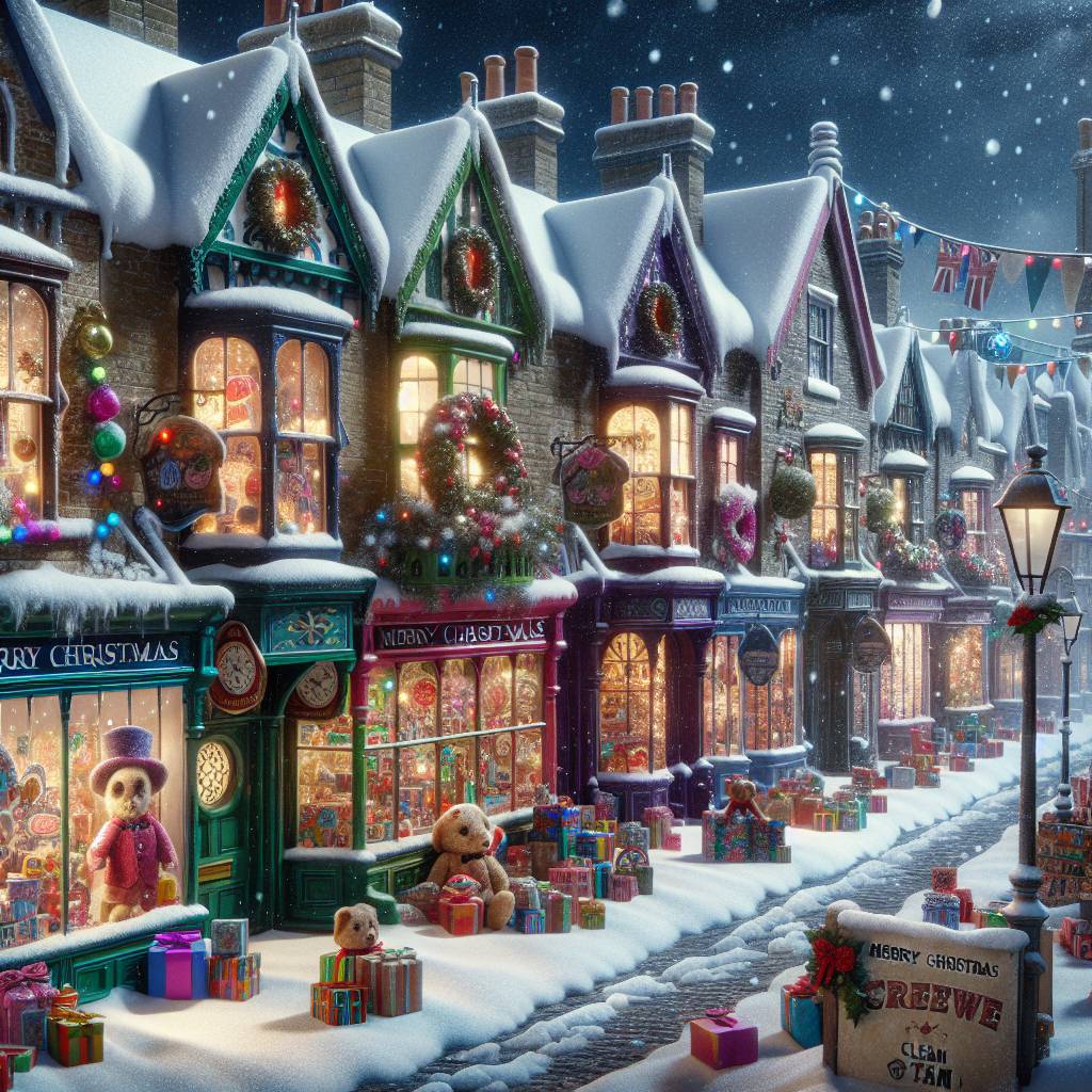 4) Christmas AI Generated Card - Victorian Snow Street Scene, Toyshop, and "Merry Christmas from Crewe Clean Team" banner (0bdfb)