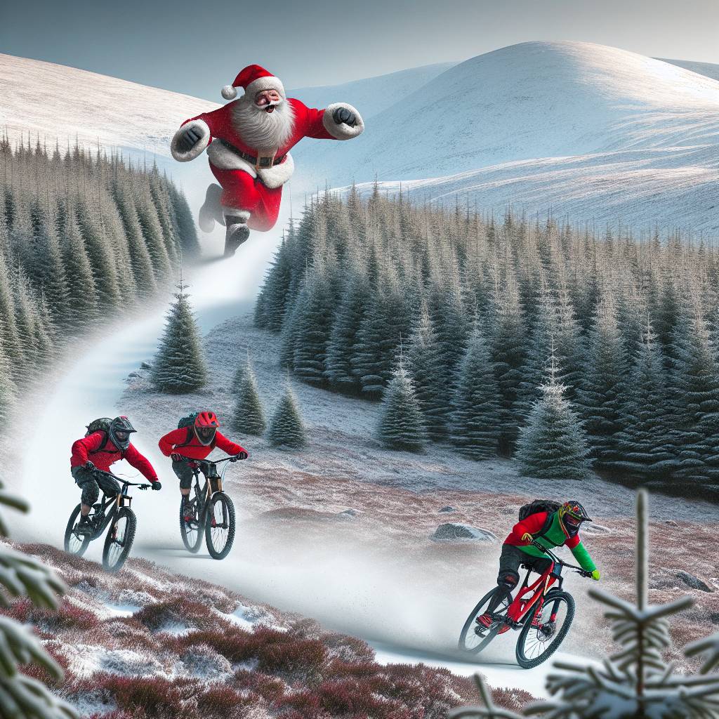 1) Christmas AI Generated Card - Three mountain bikers chasing Santa through the Cairngorms  (06f50)