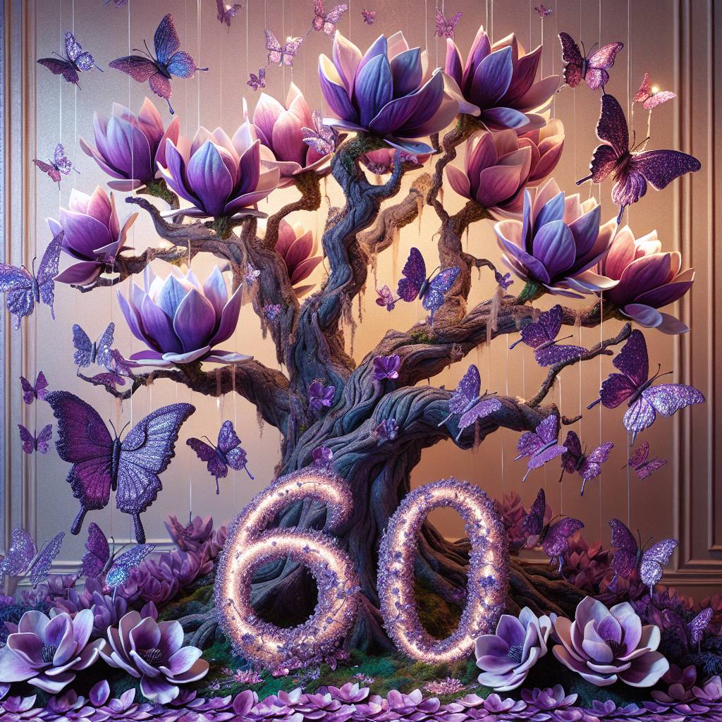 2) Birthday AI Generated Card - Aged 60, Purple magnolia tree, and Butterflies  (18c27)