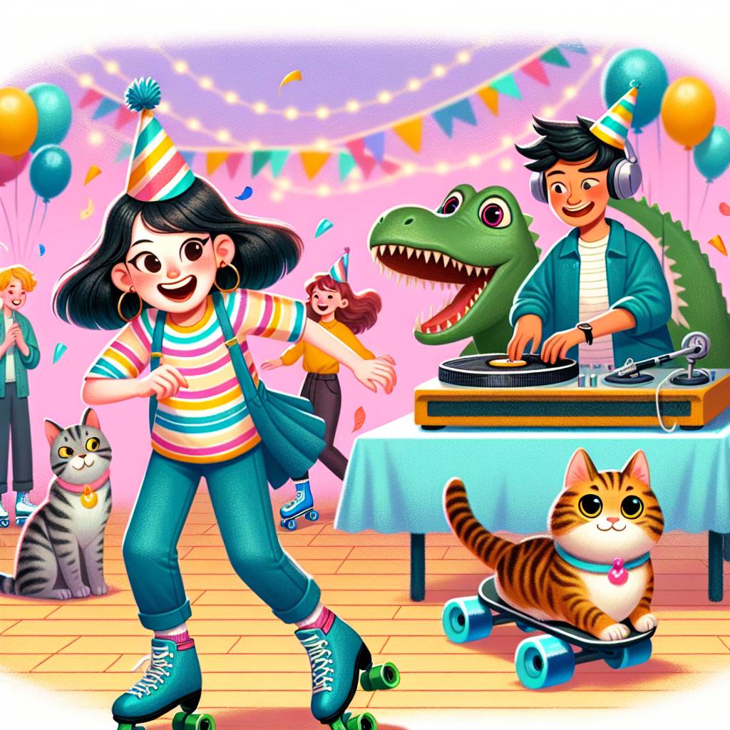 1) Birthday AI Generated Card - Skating dinosaur, Drake, Tabby cats, and Teenage girl (4324b)