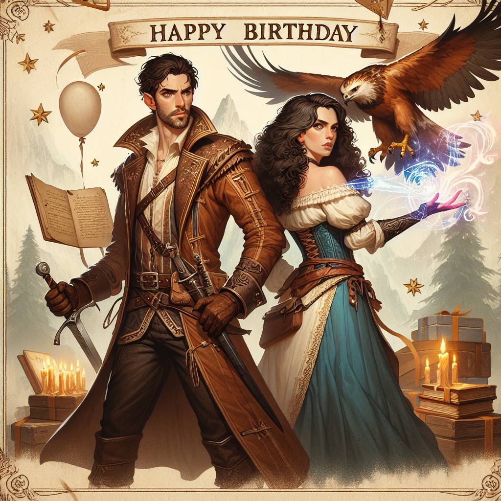4) Birthday AI Generated Card - Card with my boyfriend and I as Dungeons and Dragons characters. He has dark brown hair and a thin beard and moustache. I have dark brown curly hair, very long., and Dungeons and Dragons (1daa1)
