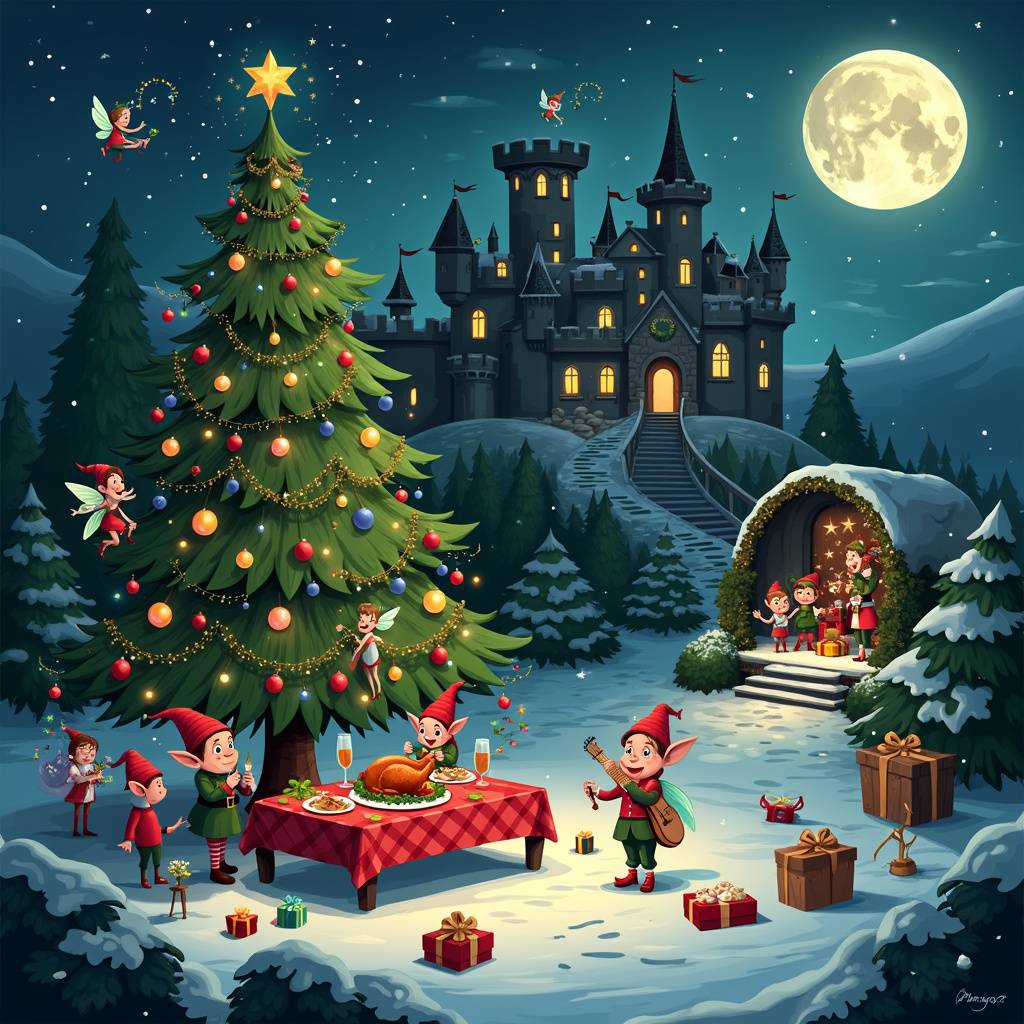 2) Christmas AI Generated Card - Christmas tree, Snow, Party, Castle, Moon, Singing, Feast, Isle of man, Fairies, Elves, and Fairy lights (704e7)