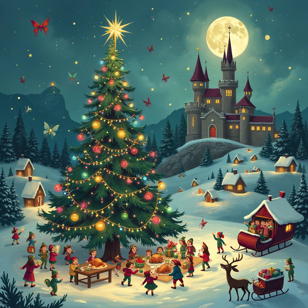 1) Christmas AI Generated Card - Christmas tree, Snow, Party, Castle, Moon, Singing, Feast, Isle of man, Fairies, Elves, and Fairy lights (846af)