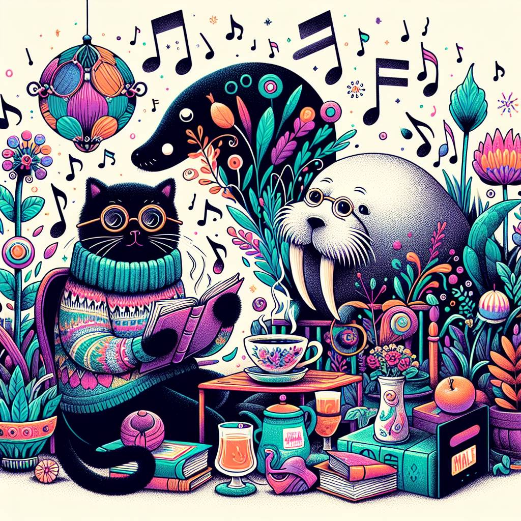1) Birthday AI Generated Card - Psychedelia, Music, Black cat, Walrus, Reading, 1960s music, Wine, Drinking tea, Knitted jumper, and Gardening (391d4)