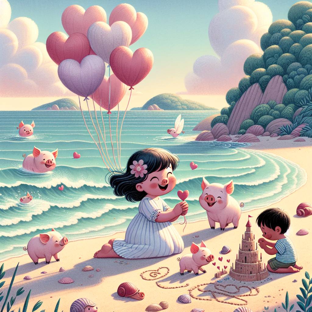1) Mothers-day AI Generated Card - Pigs, Piglets, Six year old girl, 4 year old boy, Caring, Sea, Love, Hearts, Balloons, and Pastel colours  (667fc)