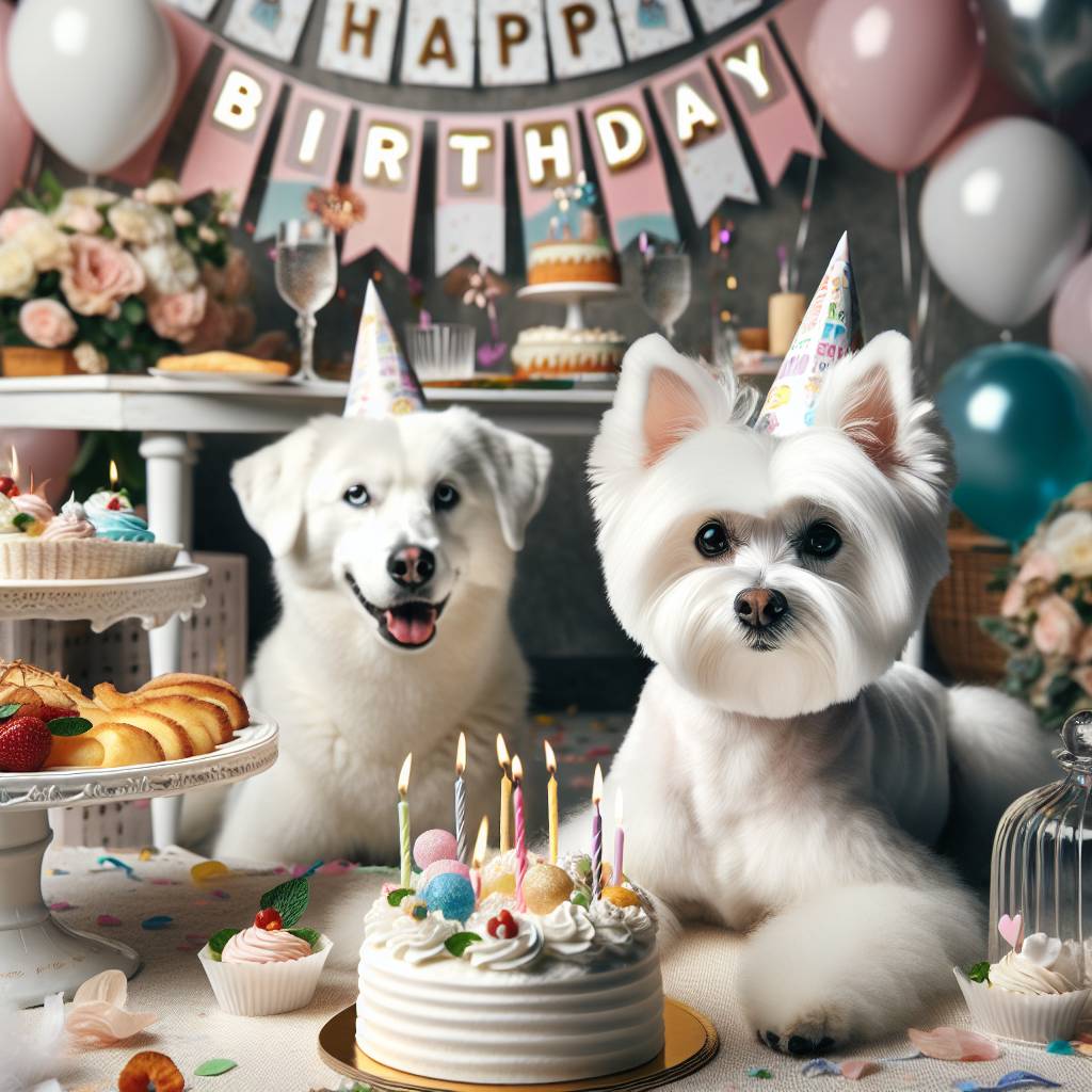 1) Birthday AI Generated Card - White Maltese terrier, Pure white husky, and Maltese and white husky with happy birthday banner at party table (43bc1)