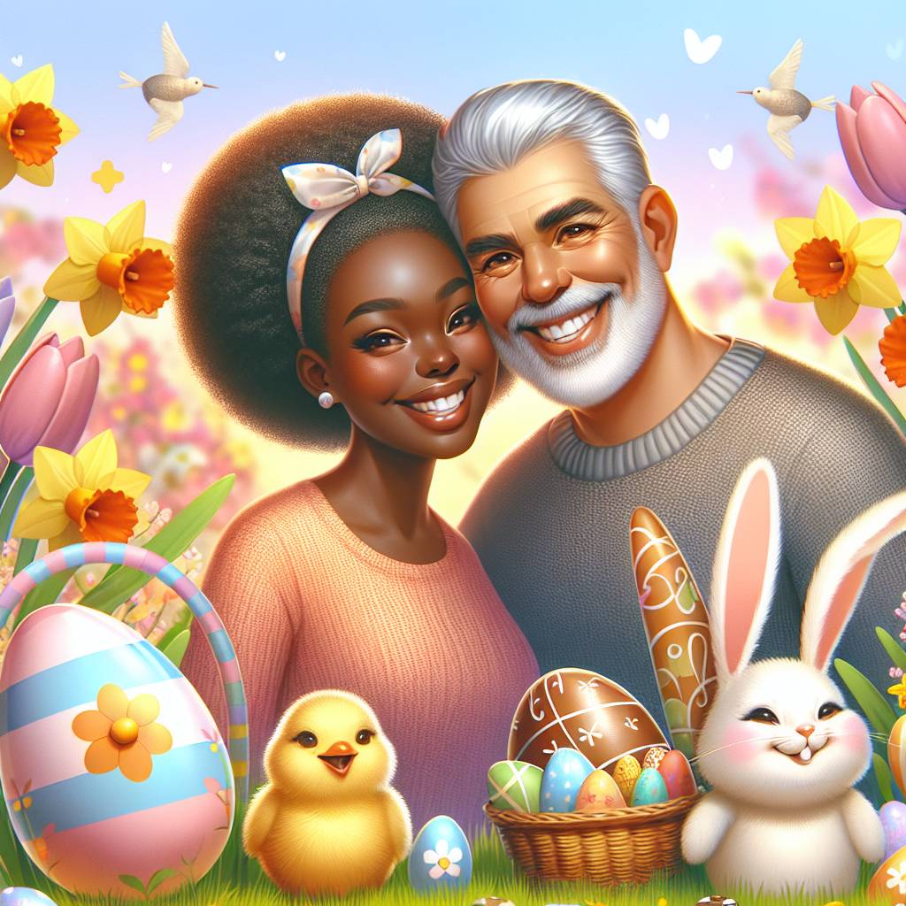 1) Easter AI Generated Card - Mum and Dad, Easter Egg, Bunny, Hot cross buns, Daffodils, Tulips, Spring, Chicks, and Chocolate (acecd)