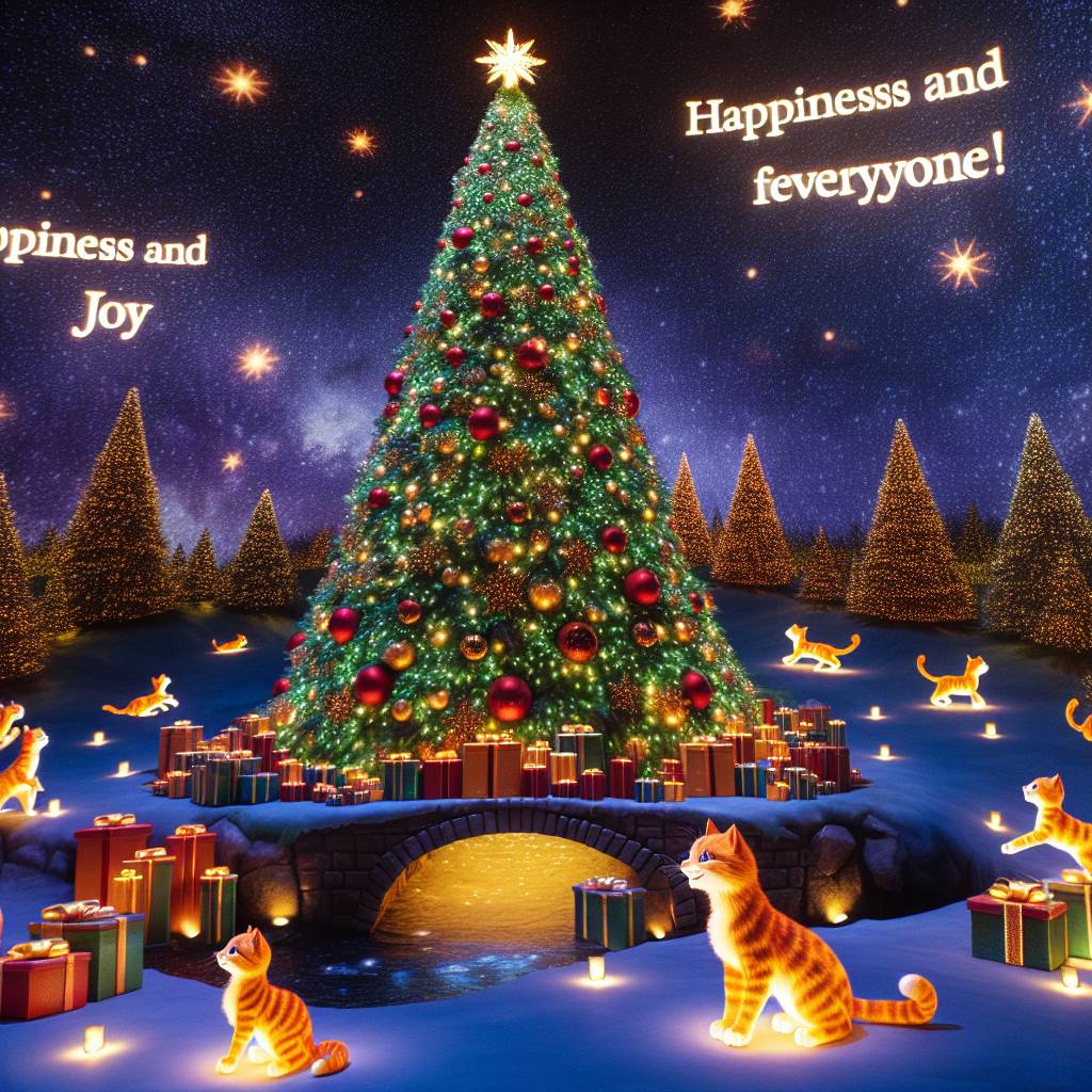 1) Christmas AI Generated Card - A huge chirstmas tree , Starry night, sky with many stars, and Orange cats (82892)