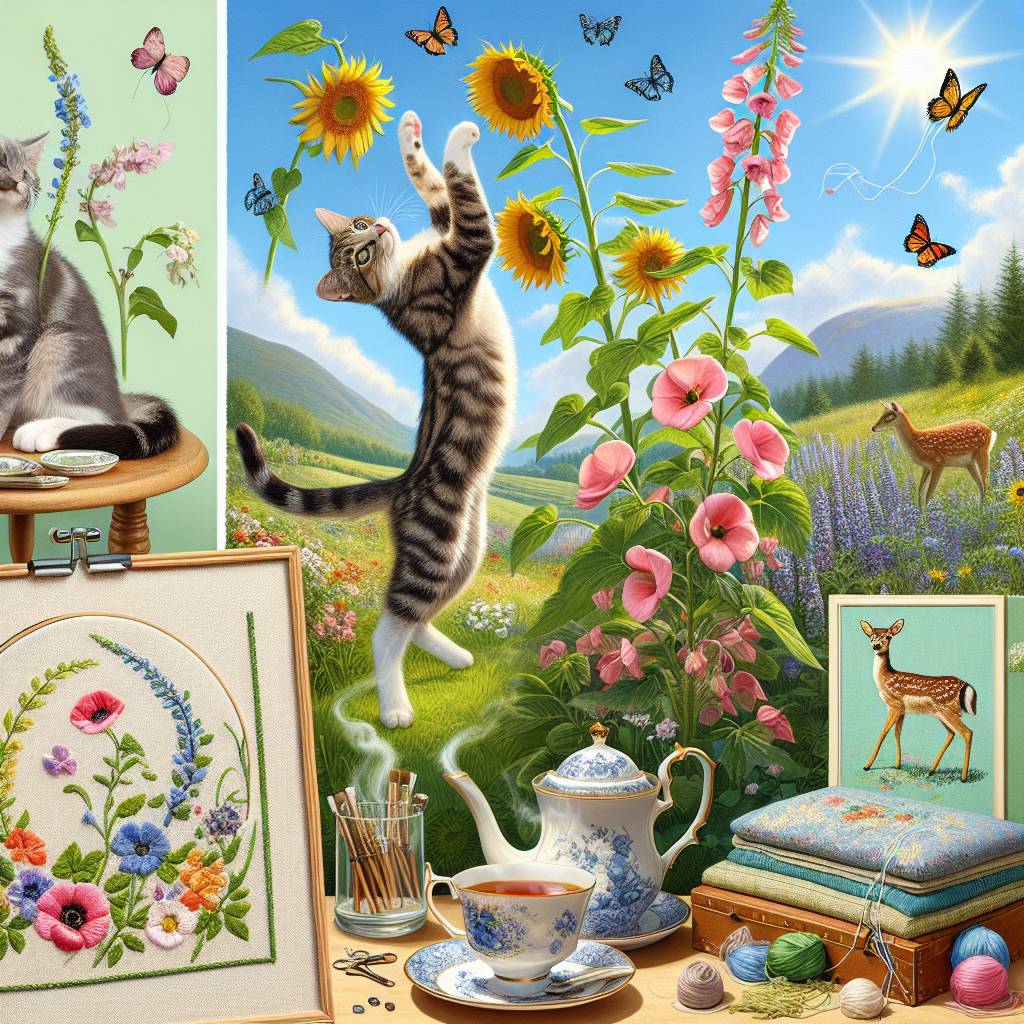 2) Mothers-day AI Generated Card - Tabby cat, Deer, Sweetpea, Sunflowers, Tea, Sewing, Sunny , and Butterflies (e8fdb)