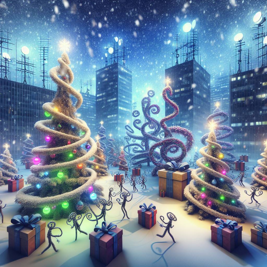 1) Christmas AI Generated Card - Dancing christmas trees, Christmas presents and decorations, Manchester, Media city, and Tv studio (09acd)