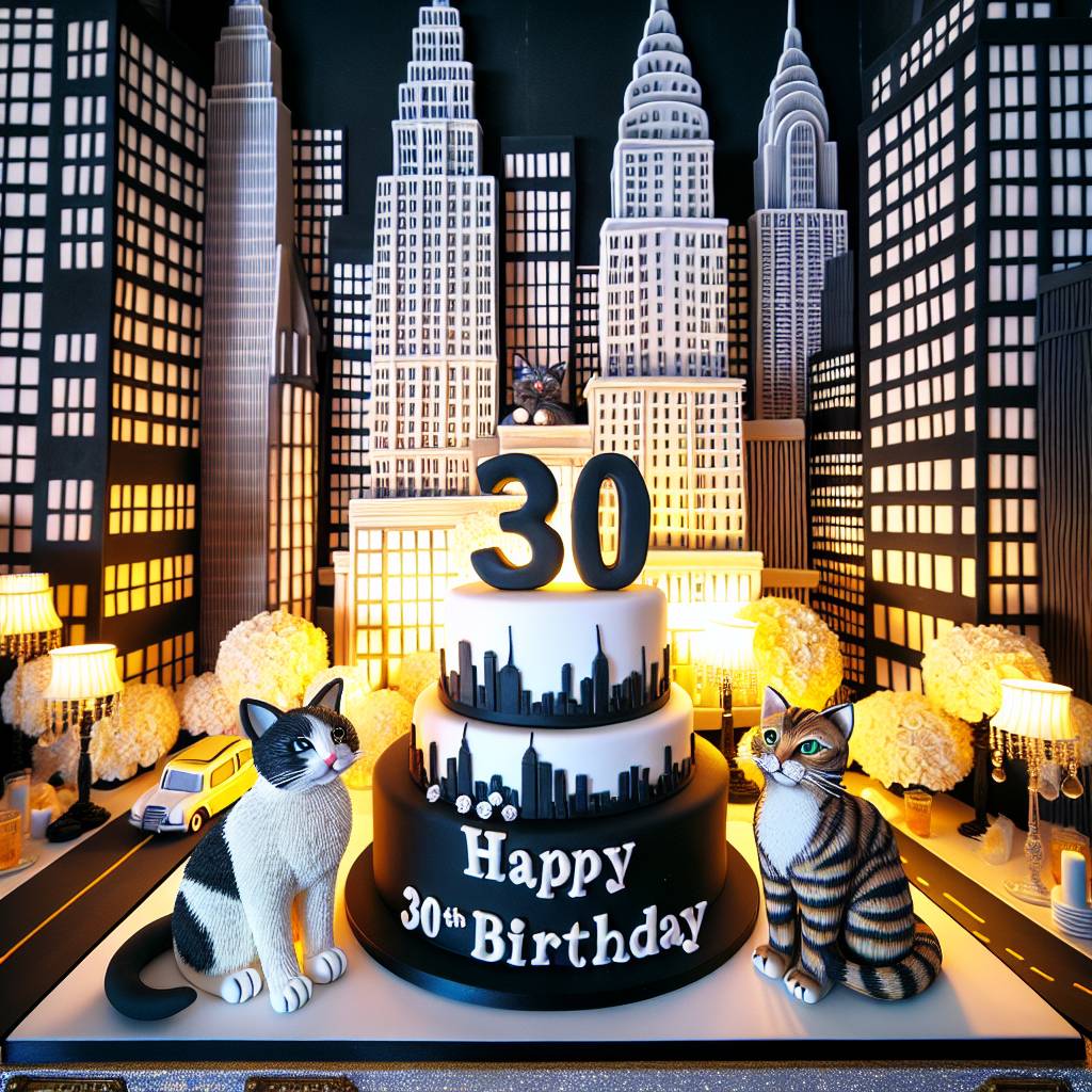2) Birthday AI Generated Card - Black and white cat, Tabby cat, New york city, and 30 (c308f)