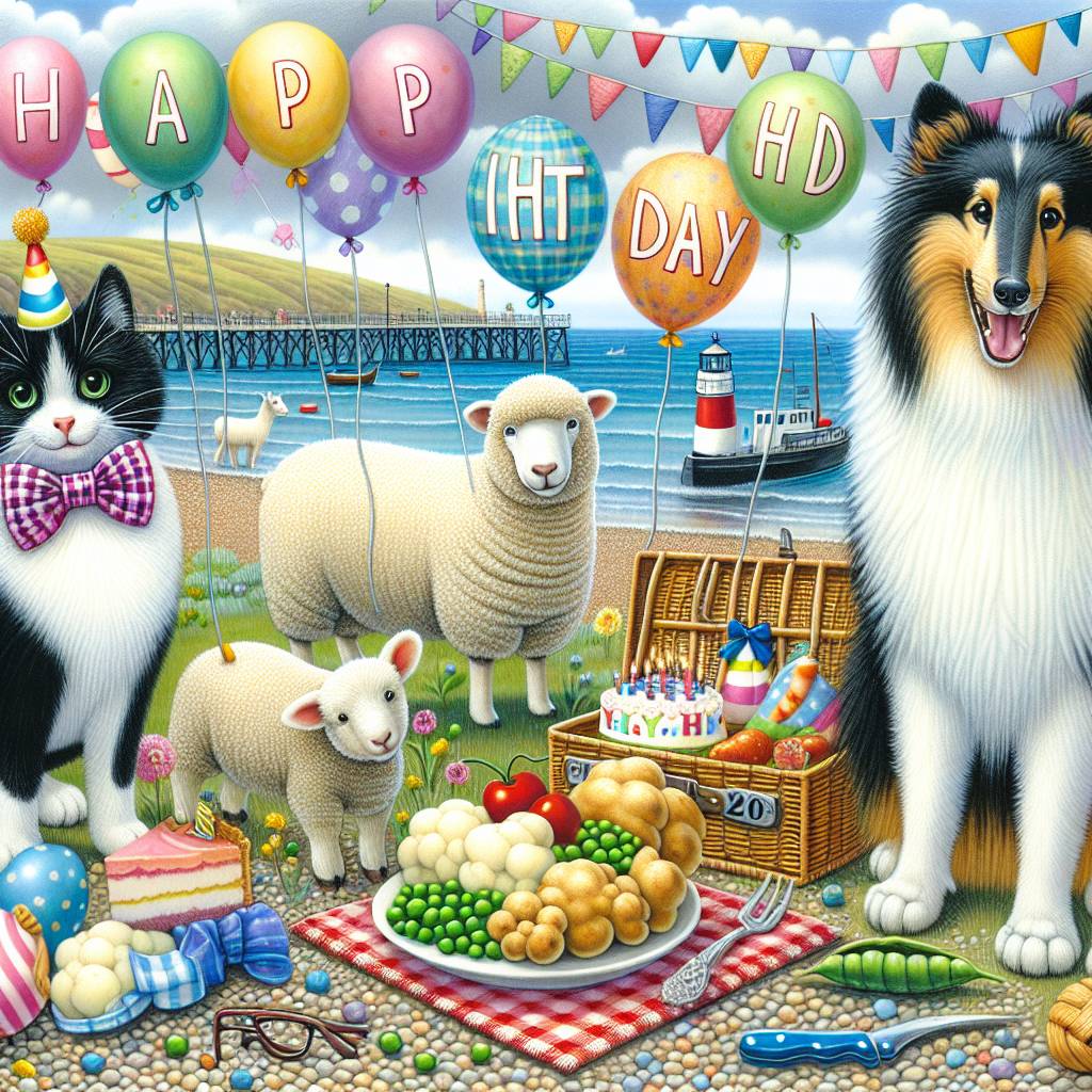 2) Birthday AI Generated Card - Shorthair black & white cat, Sheep, Large polar bear, Sheltie dog , Potatoes & peas, and northern English seaside (7fa8b)