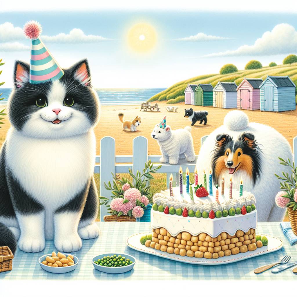 1) Birthday AI Generated Card - Shorthair black & white cat, Sheep, Large polar bear, Sheltie dog , Potatoes & peas, and northern English seaside (c0a58)