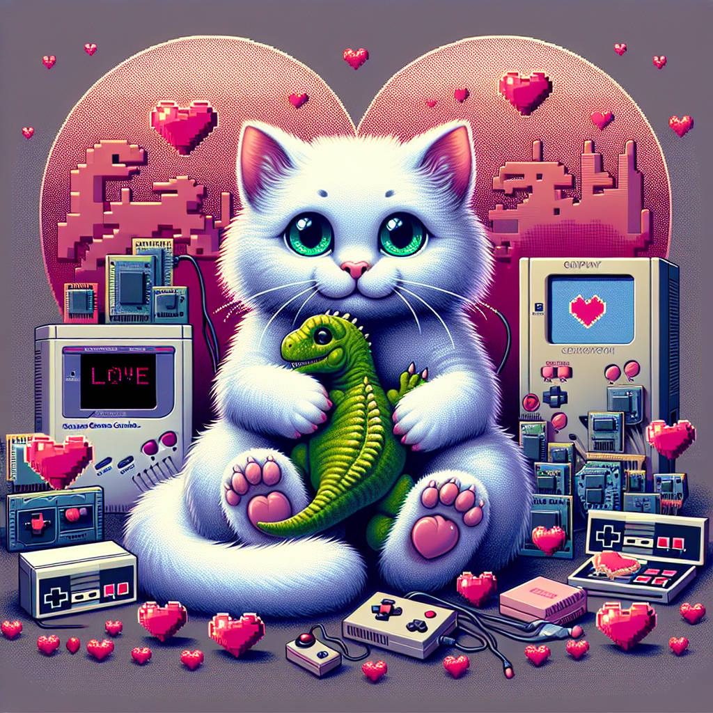 1) Valentines-day AI Generated Card - Retro video games, White cat green eyes, Dinosaurs , Circuit Boards, and Amiga Games console (5daef)