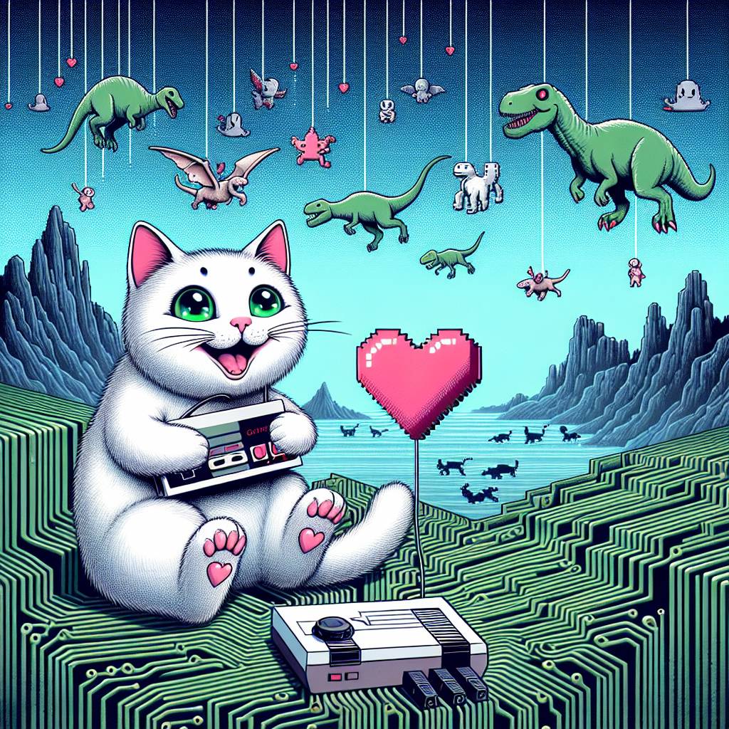 2) Valentines-day AI Generated Card - Retro video games, White cat green eyes, Dinosaurs , Circuit Boards, and Amiga Games console (8657a)