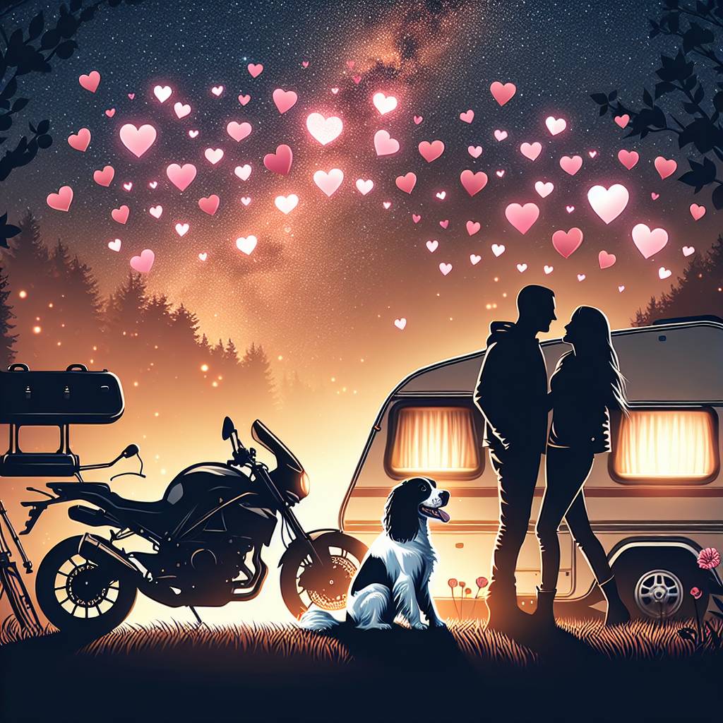 2) Valentines-day AI Generated Card - Sexy couple silhouette , Caravan, Two Ducati sports bikes , Springer spaniel, and Hearts (13a6b)