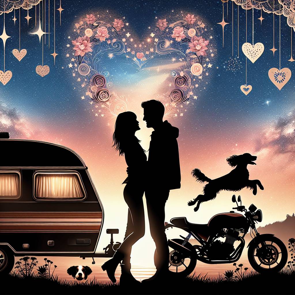 1) Valentines-day AI Generated Card - Sexy couple silhouette , Caravan, Two Ducati sports bikes , Springer spaniel, and Hearts (6b43a)