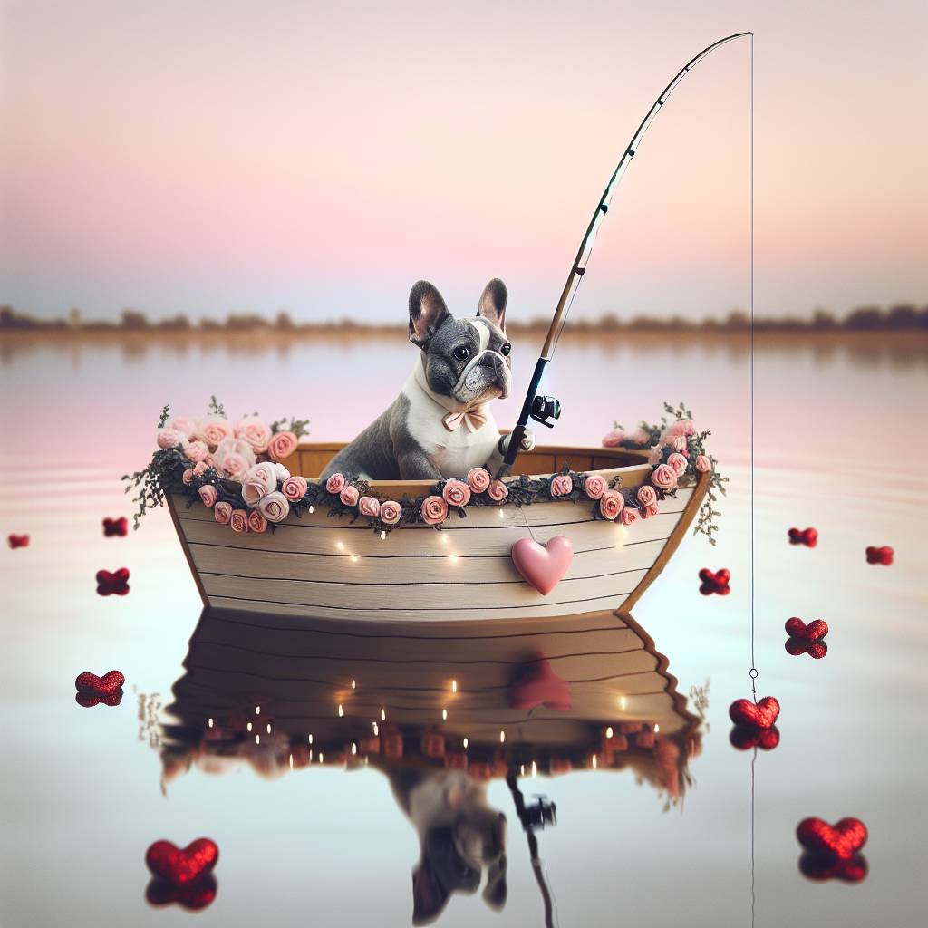 2) Valentines-day AI Generated Card - Grey and white french bulldog, Fishing, Love, and Wedding (f175e)