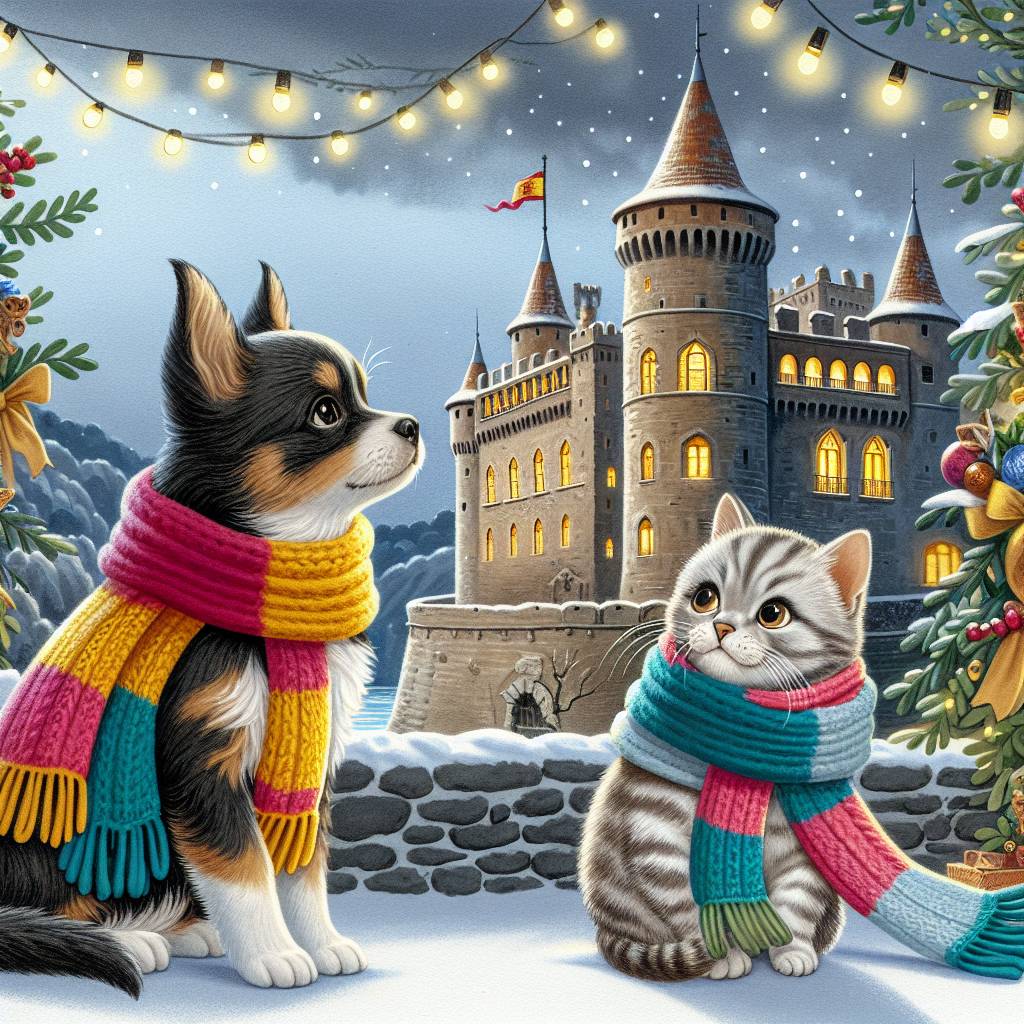 1) Christmas AI Generated Card - Grey and white kitty, Black and brown chihuahua puppy, and Castelldefels (Spain)