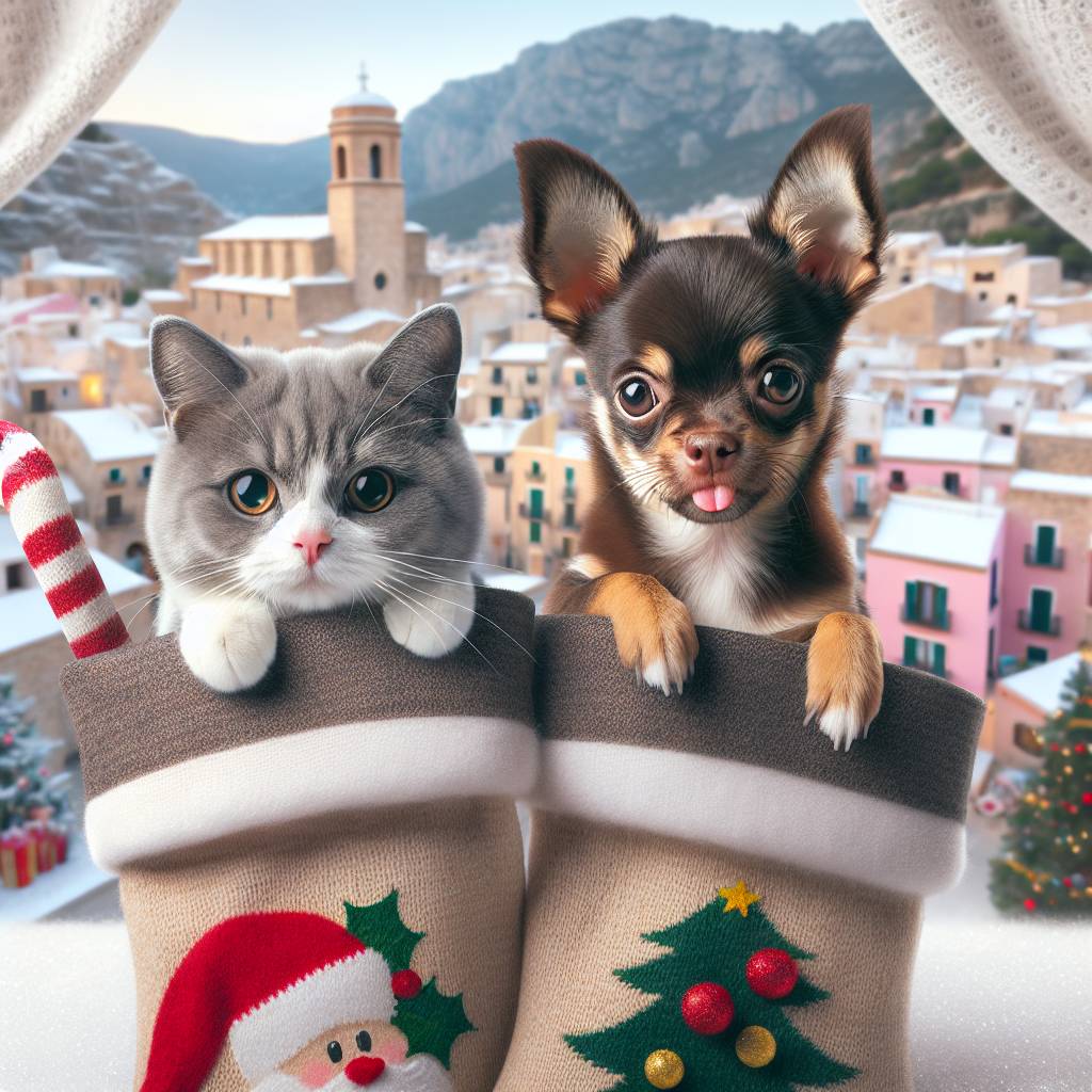 2) Christmas AI Generated Card - Grey and white kitty, Black and brown chihuahua puppy, and Castelldefels (Spain)