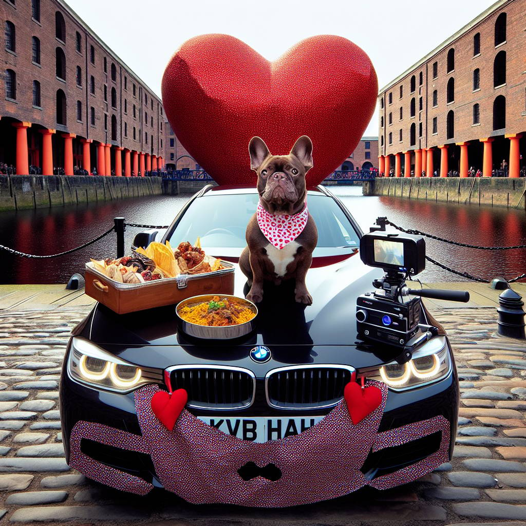 2) Valentines-day AI Generated Card - Chocolate and Tan French bulldog, Albert Dock Liverpool, Black BMW car, Indian food, and Horror Films  (e7ade)