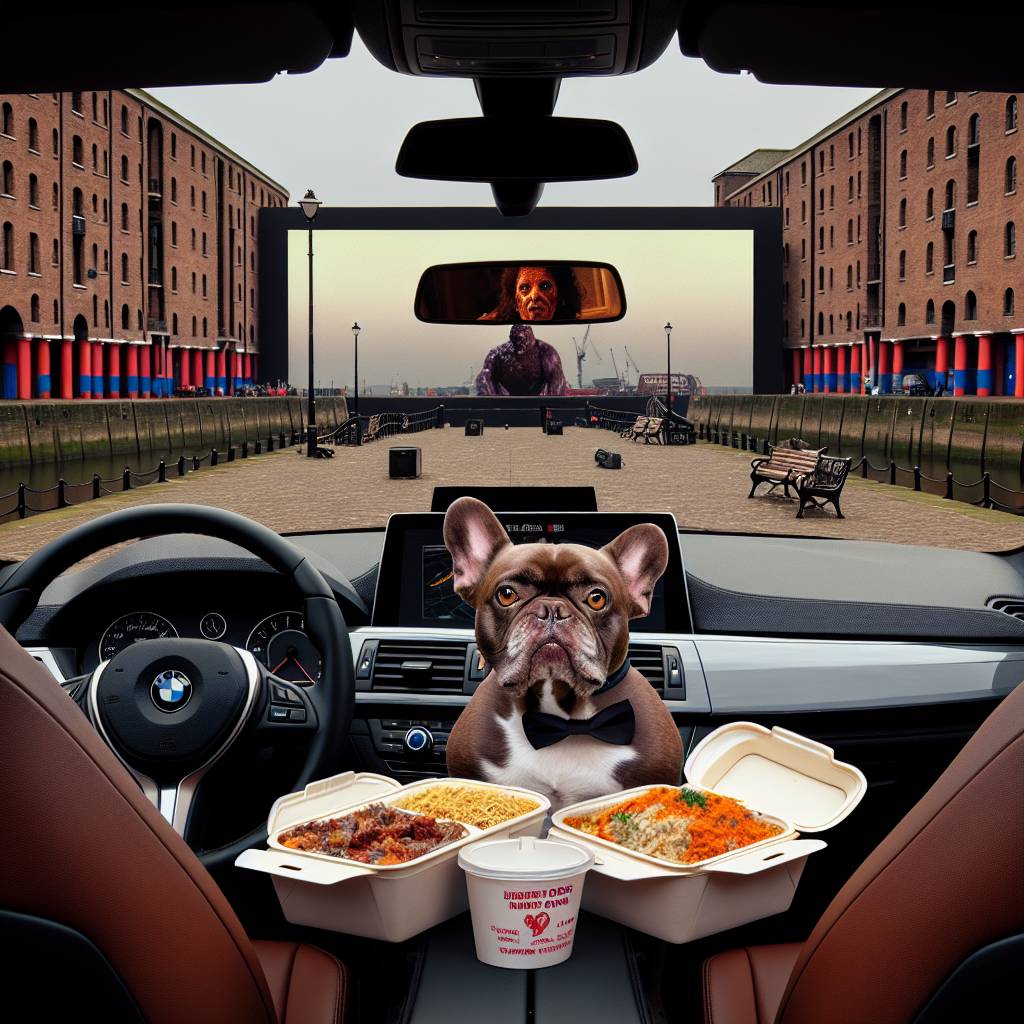 1) Valentines-day AI Generated Card - Chocolate and Tan French bulldog, Albert Dock Liverpool, Black BMW car, Indian food, and Horror Films  (27d8c)