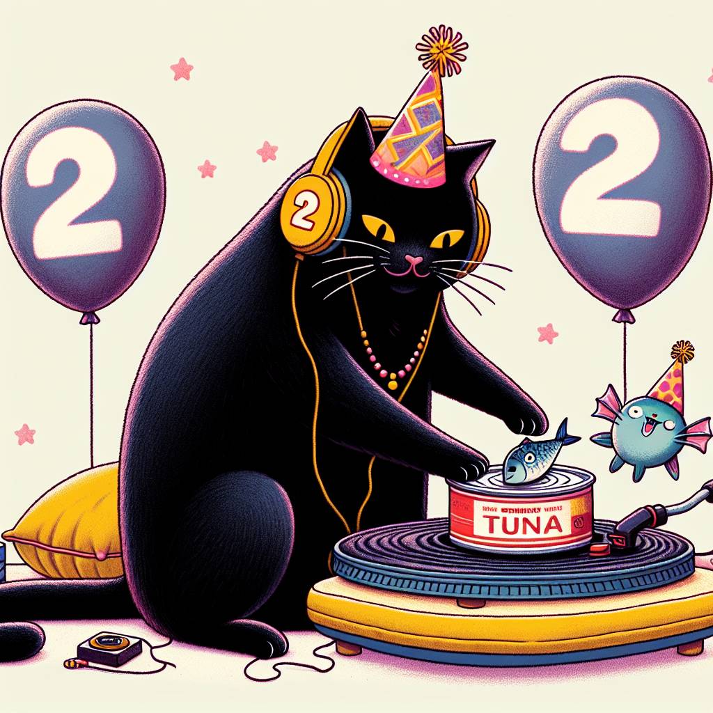 2) Birthday AI Generated Card - Headphones , Black cat , 22, Godzilla , and Can of tuna (61302)