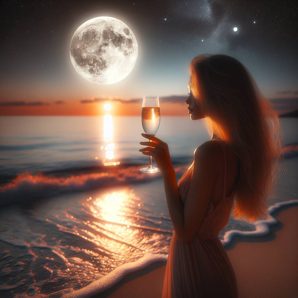 2) Valentines-day AI Generated Card - BEACH, FULL MOON, LONG BLOND HAIRED GIRL, SUNSET, and CHAMPAGNE (55b65)