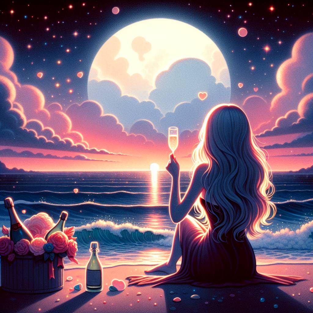 1) Valentines-day AI Generated Card - BEACH, FULL MOON, LONG BLOND HAIRED GIRL, SUNSET, and CHAMPAGNE (3bcd5)